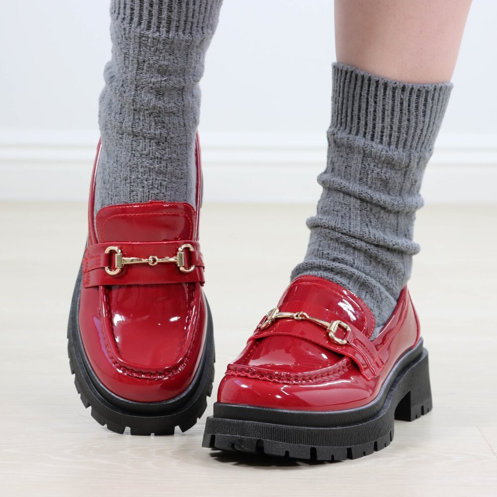 Red Patent Horsebit Loafers Chunky Platform Lug Sole Slip-Ons Grunge 90s Vibes - Picture 15 of 16